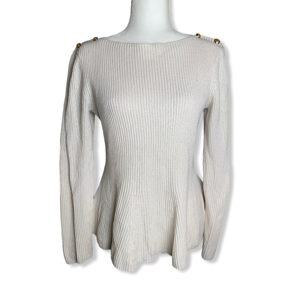 LAUREN BY RALPH LAUREN Ivory Peplum Sweate…
